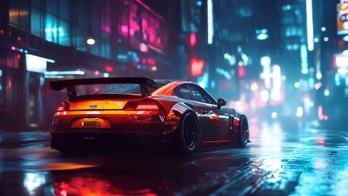 Aerodynamic tuner coupe in neon-saturated rainy streetscape.