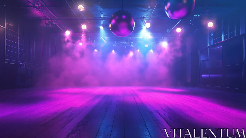 Neon-lit empty nightclub stage with volumetric haze rendering.