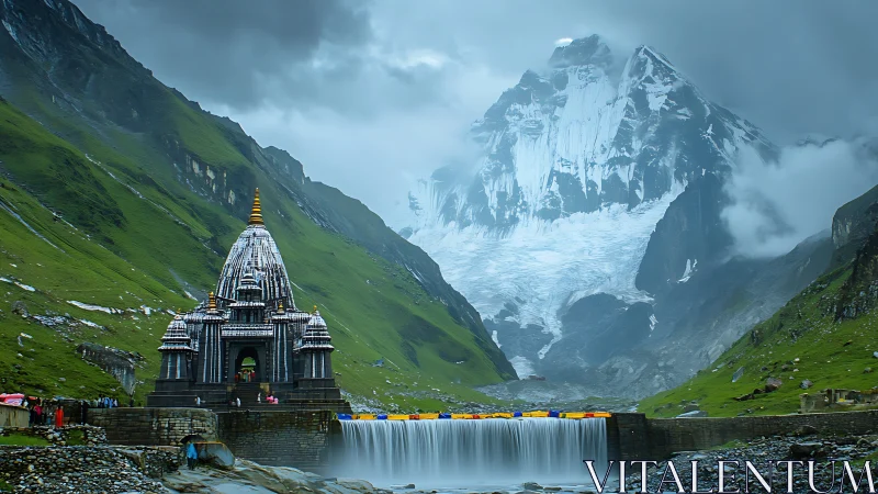 Mountain temple and waterfall cradled in misty green valley.
