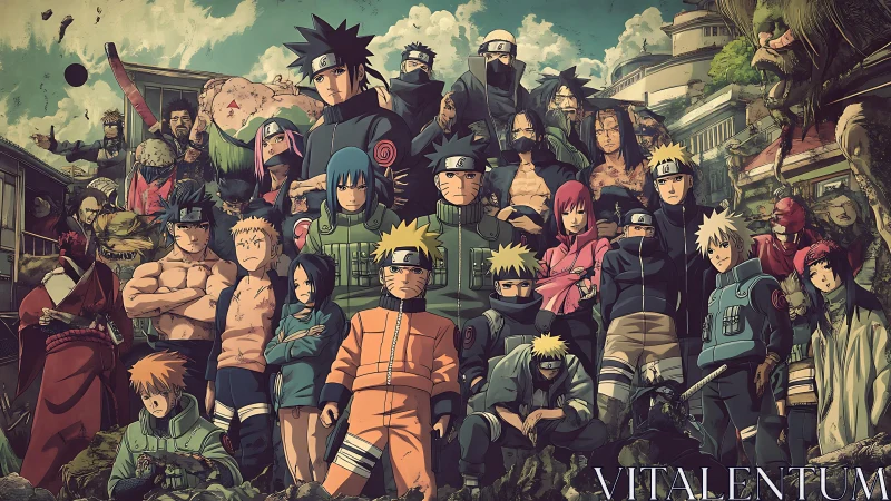 Group composition of Naruto anime characters in village setting.