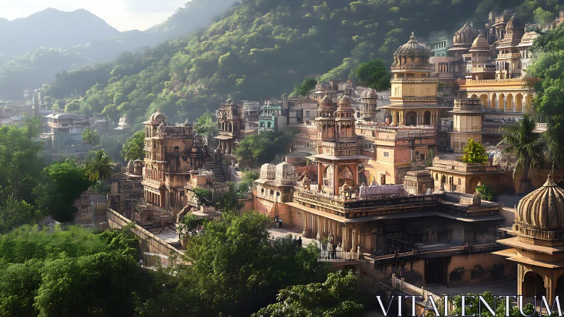 Sunlit terraced temples rise against lush misty hillside