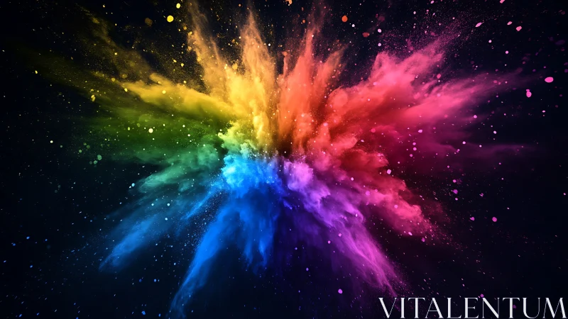 Radial burst of multicolored powder on dark background.