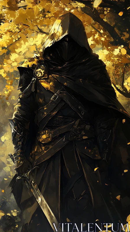 Hooded swordbearer stands in golden forest under fractured light