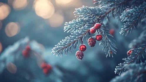 Frosted evergreen branch with red berries in soft focus light.