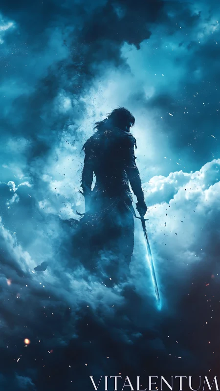 Backlit spectral swordsman emerging from ionized stormclouds.