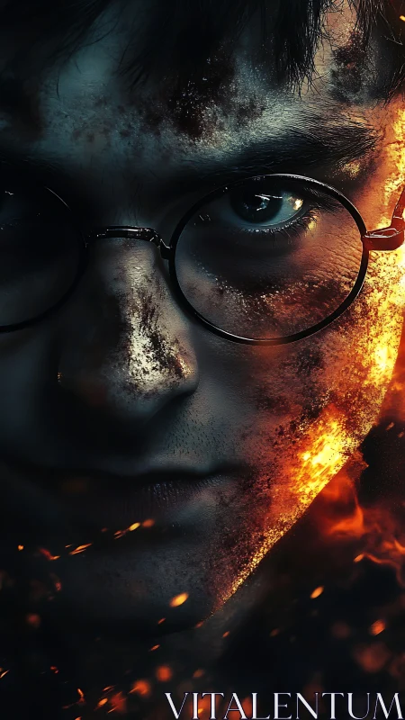 Intense fiery portrait shows a determined gaze amid embers