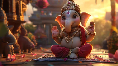 Playful baby Ganesha blessing petals and golden twilight.