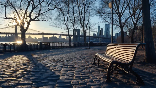 Sunlit riverside bench overlooks New York skyline at dawn.