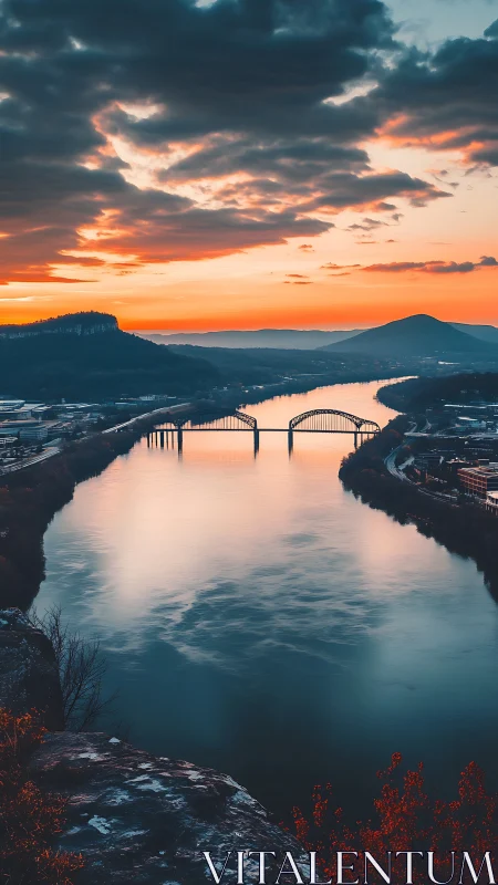 River, bridges, and distant hills are shown at sunset