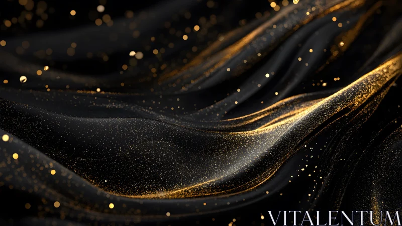 Elegant Black Silk Waves with Gold Glitter in Abstract Style.