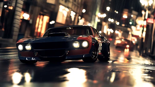 Classic race car on wet night city street in rain.