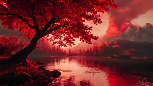 Crimson lakeside tree glows against dramatic smoking peaks