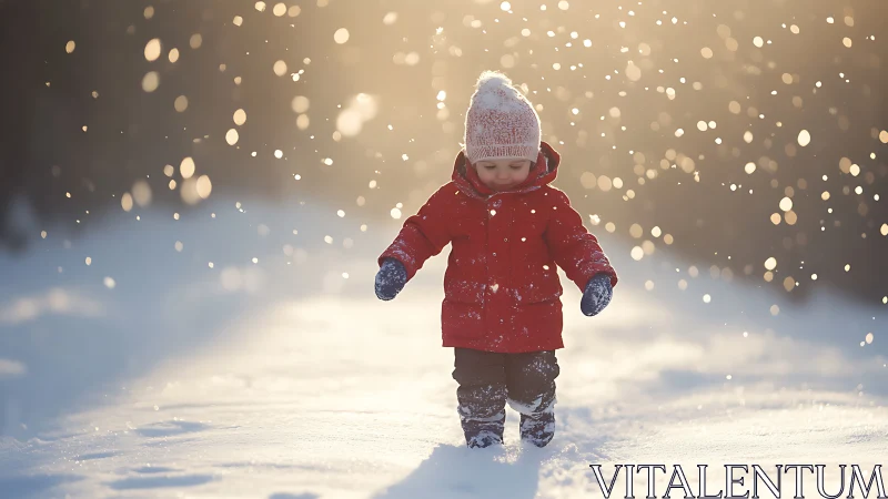 Toddler in Red Jacket Playing in Falling Snow.
