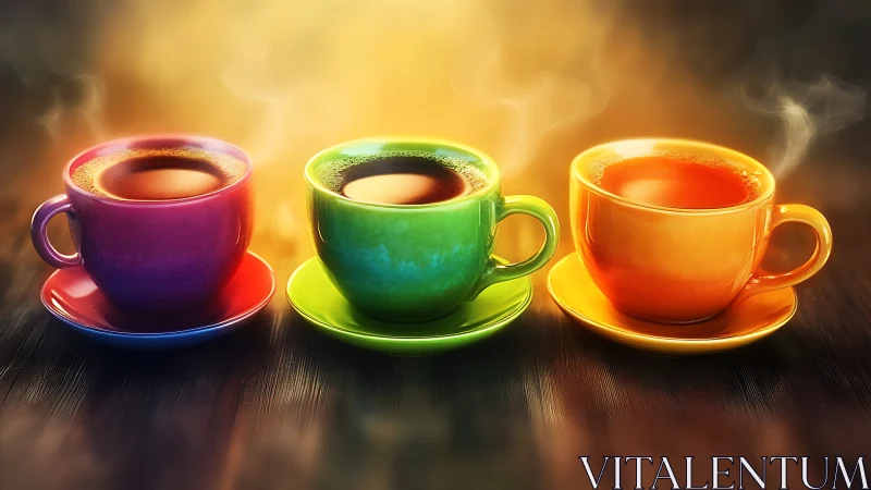 Steaming rainbow coffee trio basking in golden morning glow.
