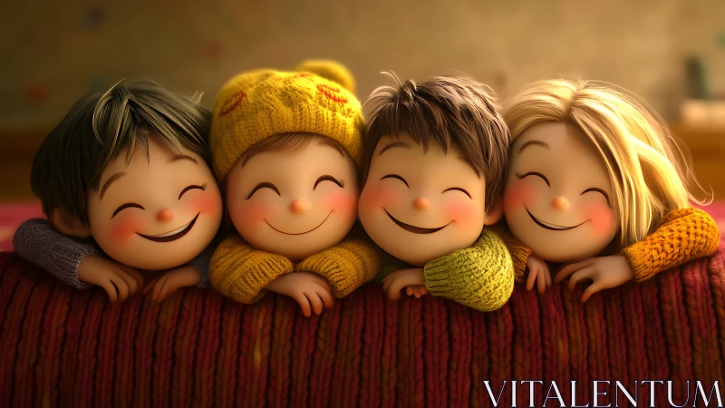 Four Cheerful Children in Cozy Knit Sweaters Huddled Together