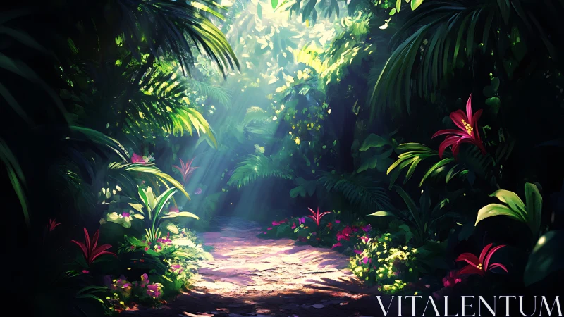 Luminescent Jungle Path Through Tropical Foliage