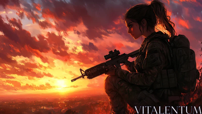 Female soldier with rifle watching vivid city sunset