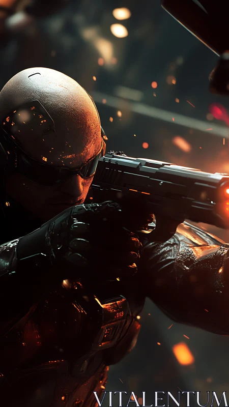 Cybernetic soldier aiming pistol through burning sparks.