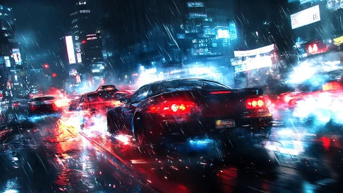 Night street race in neon lit rainy cyberpunk cityscape.