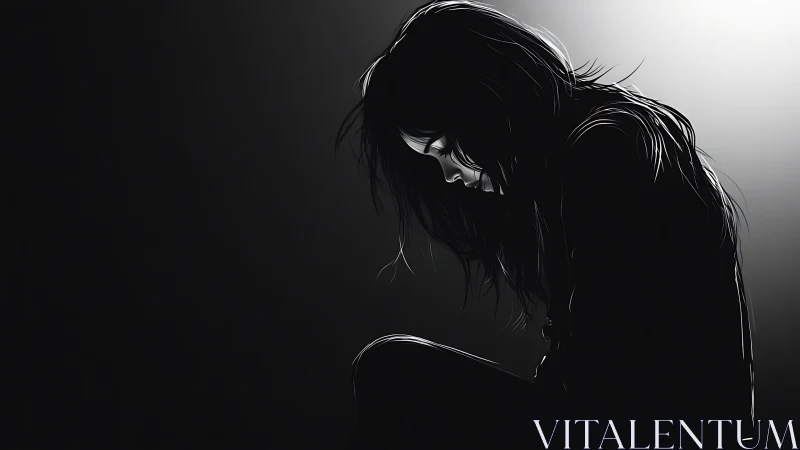 Solitary woman silhouette sits bowed in stark side light