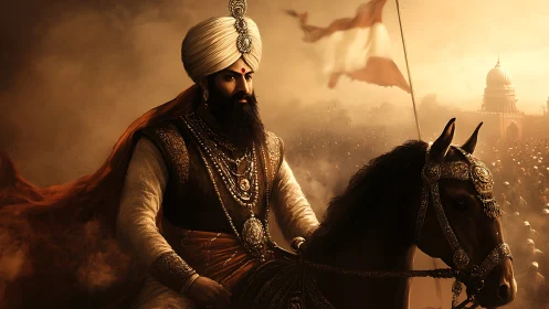 Majestic turbaned warrior rides through a smoky battlefield at dusk