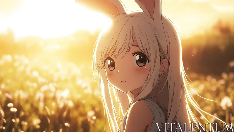Anime bunny girl in golden sunset meadow portrait.