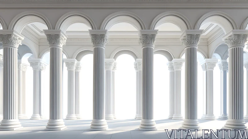 Classical colonnade with white Corinthian pillars and arches.