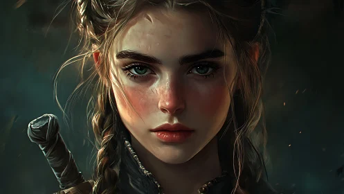 Digital portrait shows armed young woman with braided hair