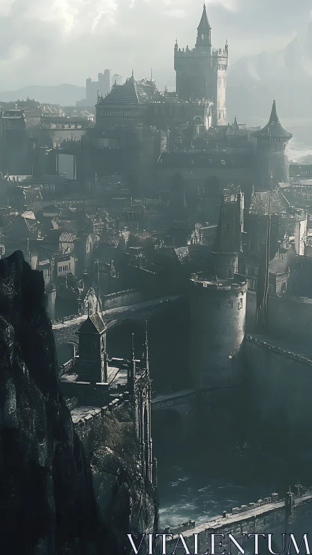 Fogbound fortress city rises above churning river gorge