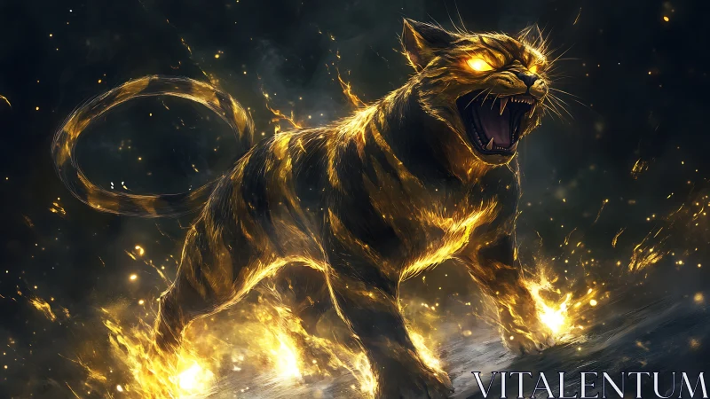 Volcanic inferno feline with molten fur and blazing eyes