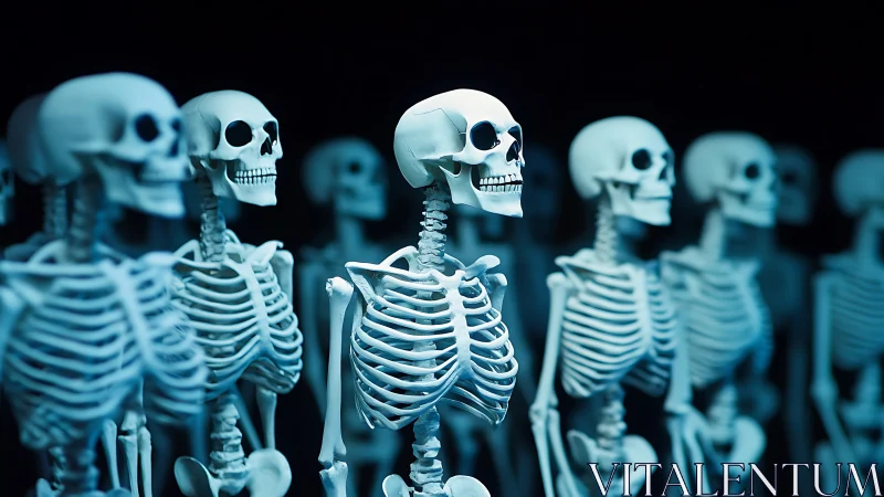 Moonlit skeleton chorus lines up in eerie turquoise glow.