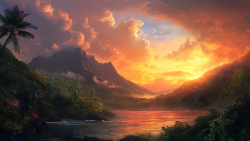Sunset ignites a tropical bay beneath misty emerald peaks