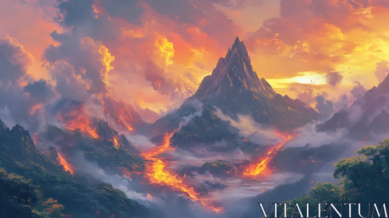 Volcanic sunrise crowns a blazing fantasy mountain realm.