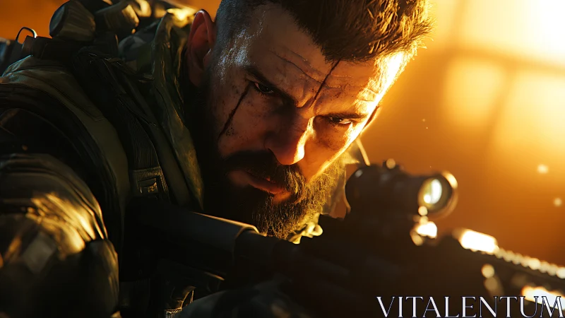 Battle-hardened sniper steadies his aim in burning sunset light