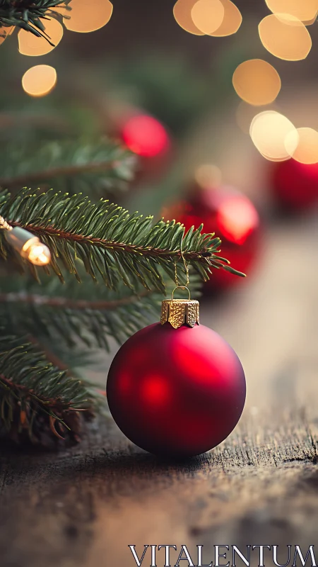 Crimson Christmas ornament beside rustic fir branch.