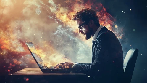 Blazing creativity surrounds a focused man at his laptop