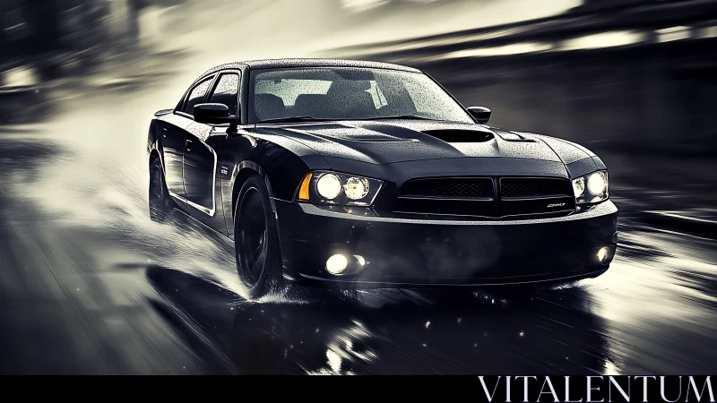 Black muscle car drives fast on wet city road at night