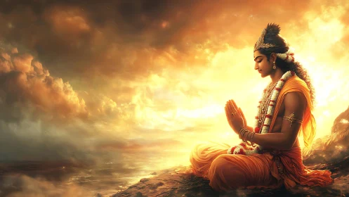 Divine figure meditates in radiant golden sunrise clouds