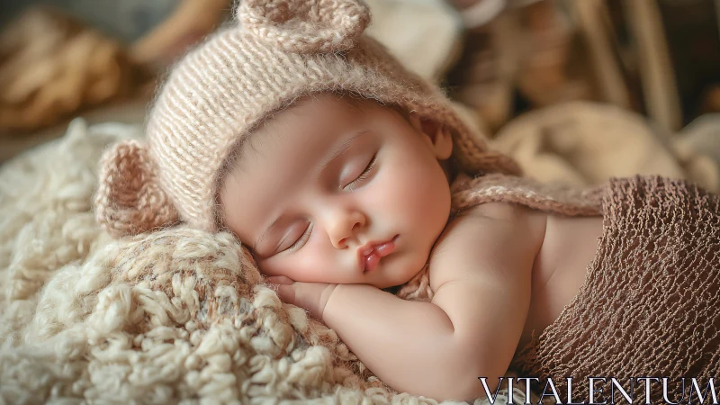 Slumbering cherub wrapped in cream-colored knitwear and cozy warmth.