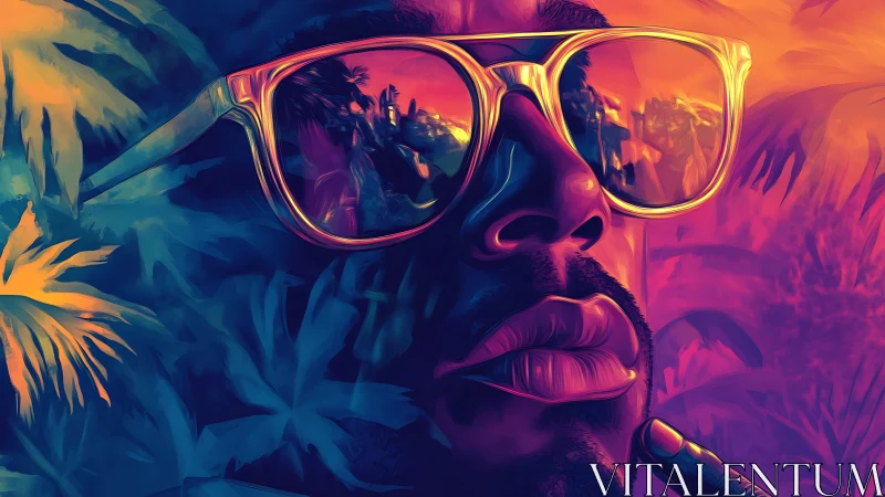 Neon tropical portrait renders reflective sunglasses in detail