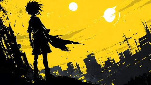 Twin-sun silhouette boy roaming a shattered neon wasteland.