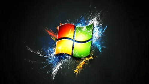 Windows logo with neon splatter effects on dark ground.