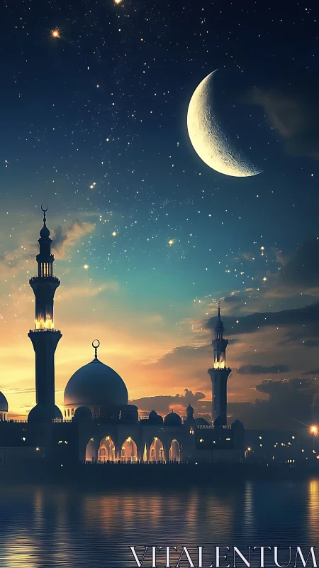 Crescent moon over illuminated mosque skyline with reflective water surface