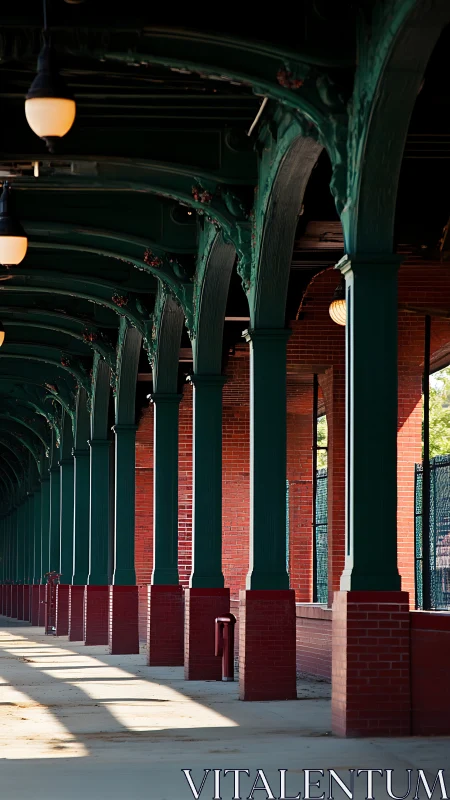 Sunlit brick arcade with graceful green columns and lamps.