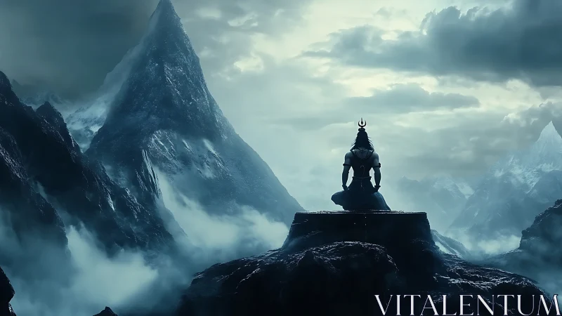 Solitary ascetic silhouette before glacial storm peak horizon