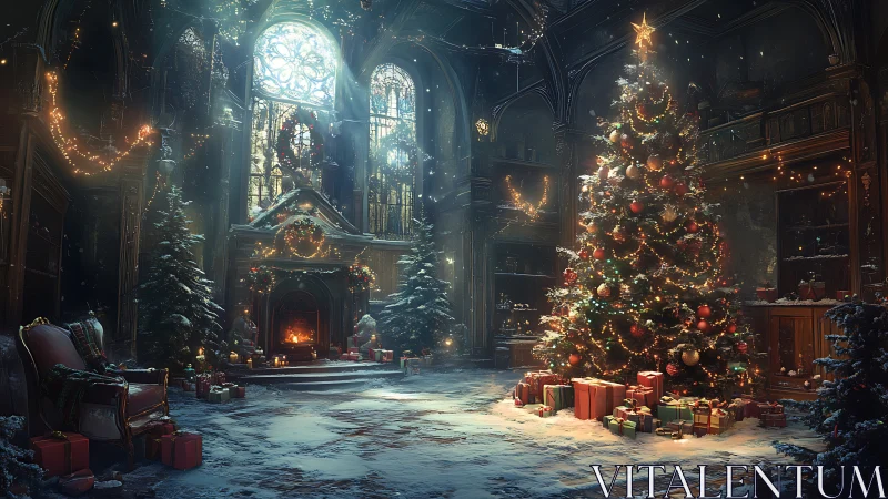 Grand interior hall with illuminated Christmas tree and gifts.