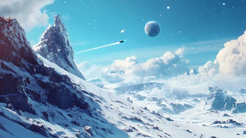 Glacial exoplanet vista with ascending starship perspective.