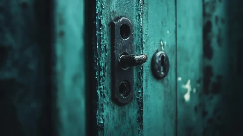 Weathered teal door handle guarding a half-told secret.