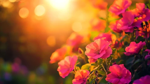 Pink Roses in Golden Hour Sunlight with Bokeh Background