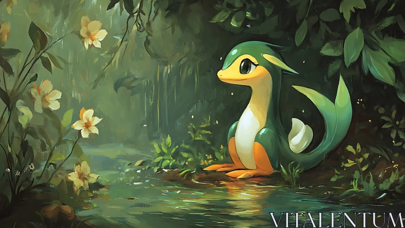 Small green creature sits by reflective forest stream